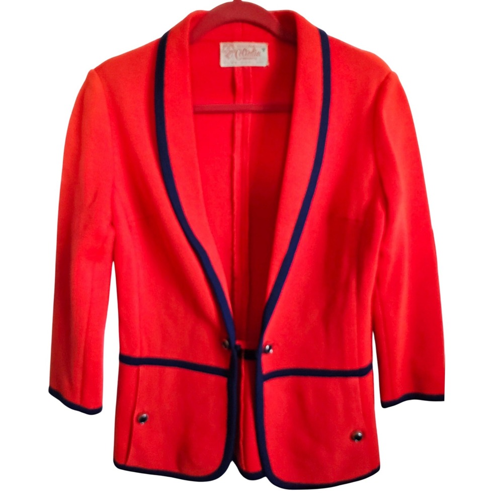 Vintage Coltalia Imports 8 Womens Orange Knit Blazer Jacket‎ 100% Wool Navy Trim